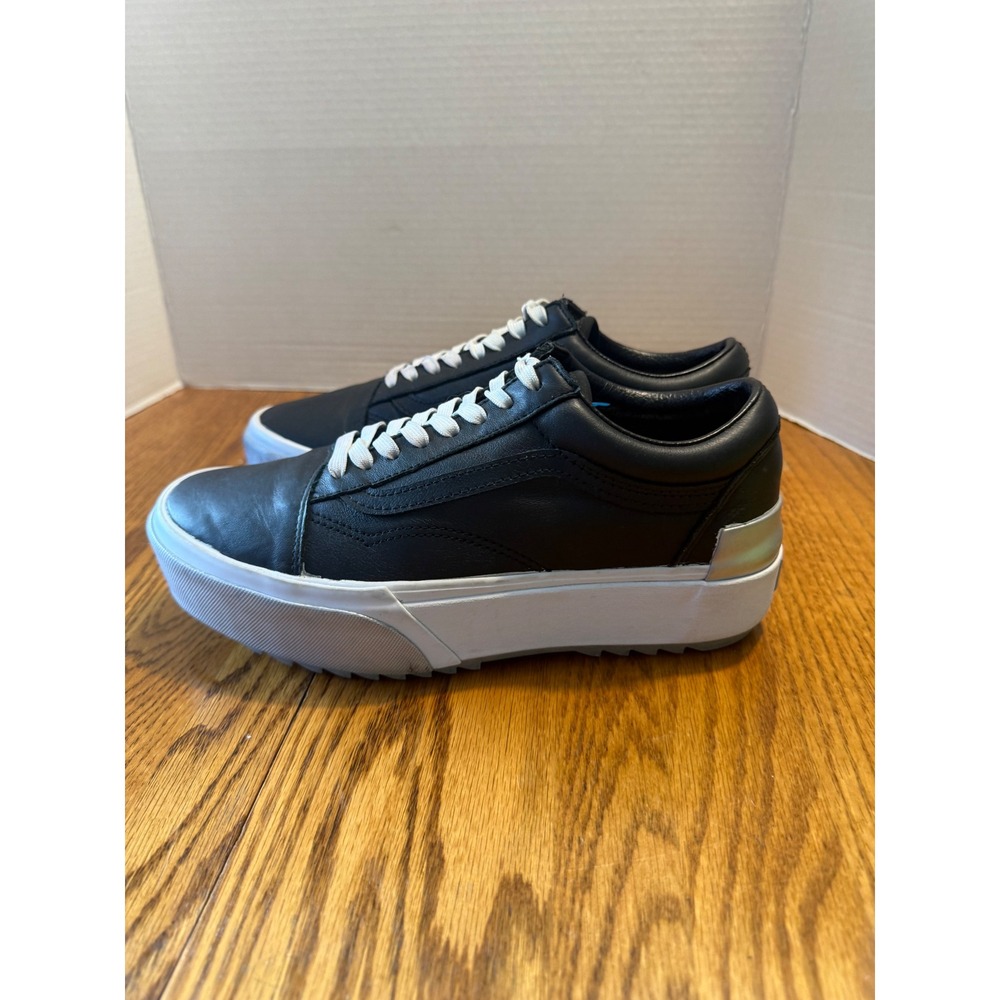 Vans Old Skool Stacked Black Leather Platform Sneakers Metallic Silver Heel 8.5